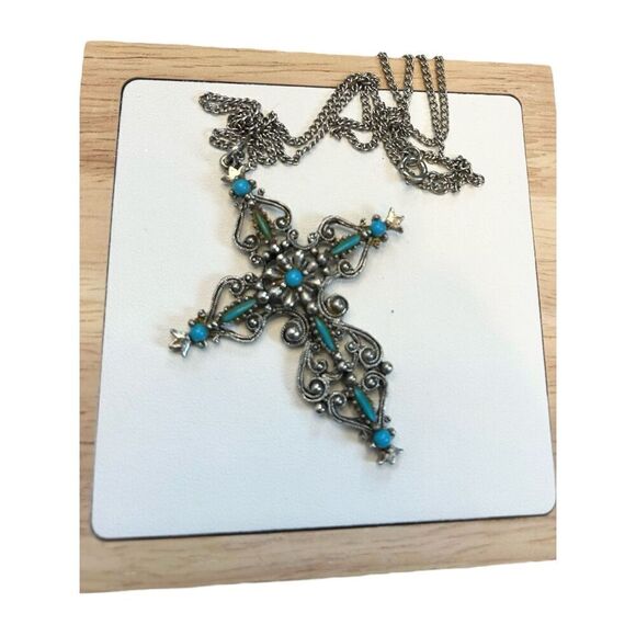 Signed Roma Cross Pendant Necklace Petit Point Faux Turquoise Christian Vintage - Picture 3 of 10